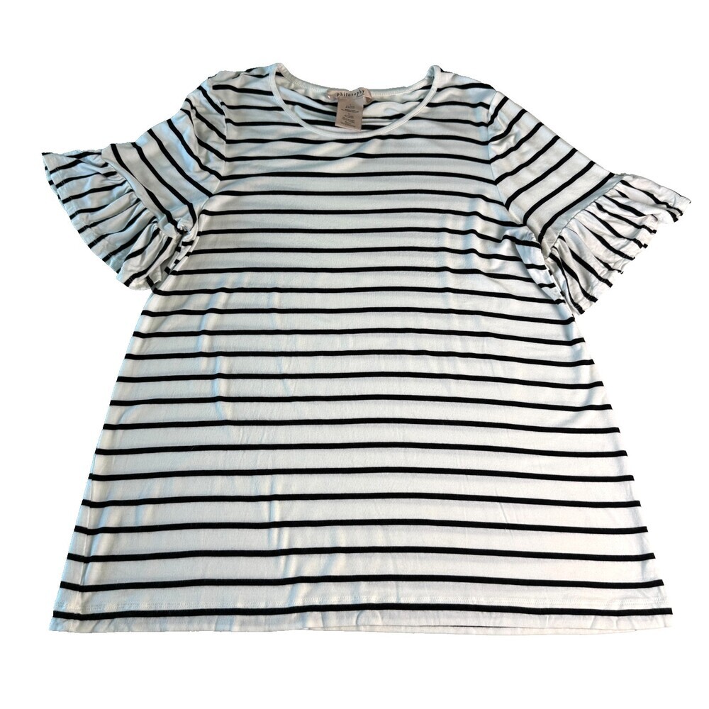 Philosophy Women's L White Black Striped Top Short Ruffle Sleeve Stretch Rayon